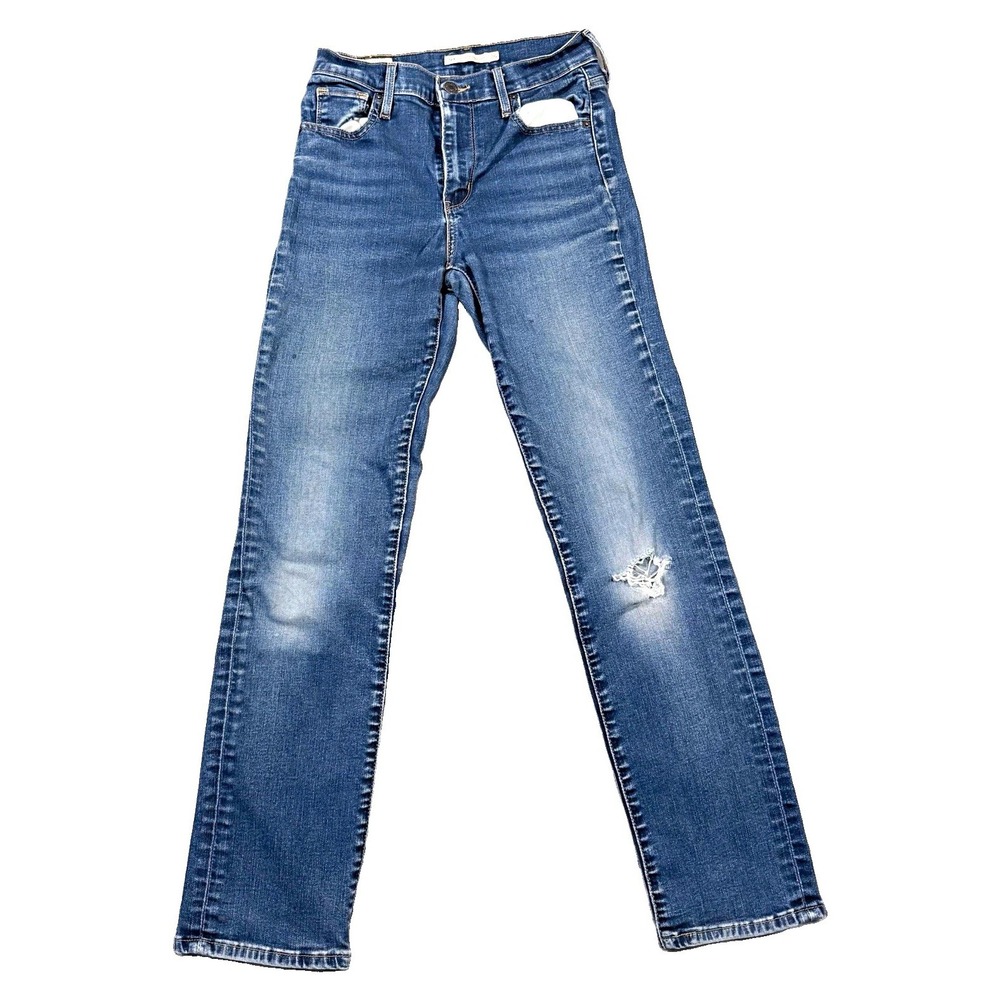 Levis Premium 724 High Rise Straight Jeans Womens 26 Blue Distressed Denim 700